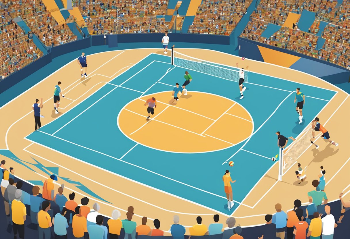 A volleyball court with a net, surrounded by spectators and officials, with Olympic rings displayed prominently