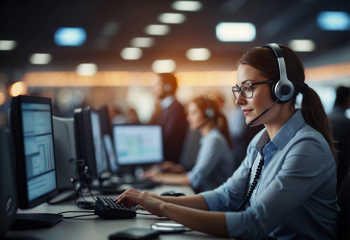 A customer service desk with AI calling agents handling phone calls, surrounded by computer screens displaying customer data and analytics