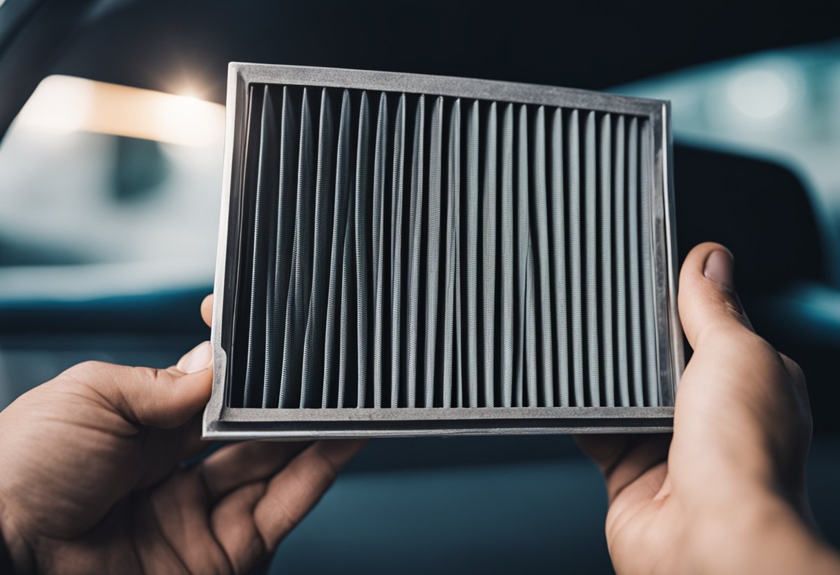 A hand holding a dirty car air filter, a brush and cleaning solution nearby. Clean air filter and a car engine in the background