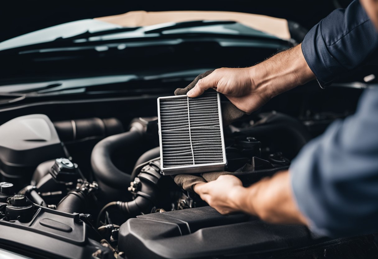 A hand removes the air filter from the car engine. It is covered in dirt and debris, ready to be cleaned