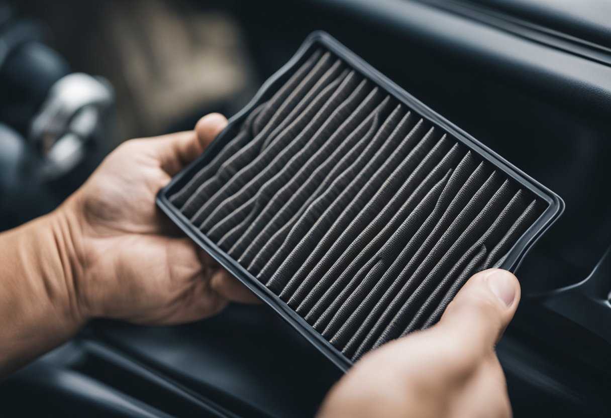 A hand holding a dirty car air filter, using a brush to remove debris and dust. Water and soap are being used to wash the filter, followed by air drying