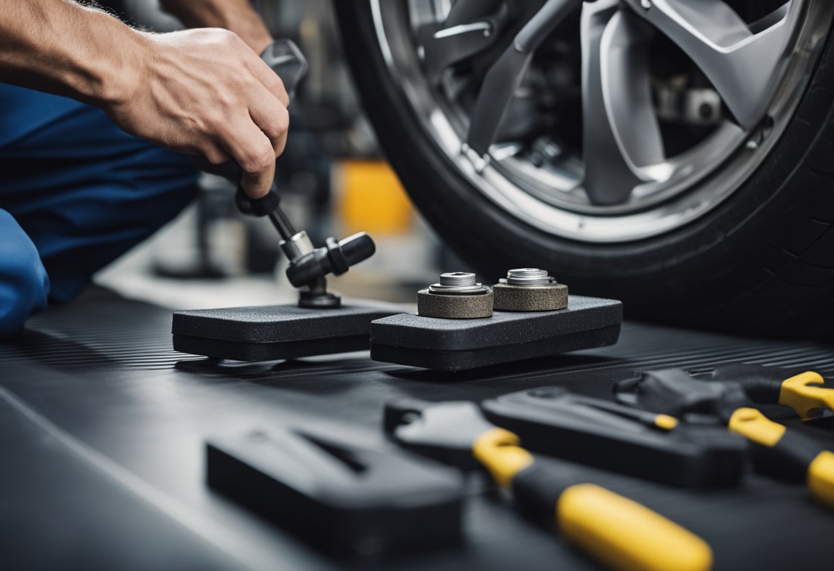 A mechanic checking brake pads and fluid levels, with tools and safety equipment nearby. Car lifted on a hydraulic jack