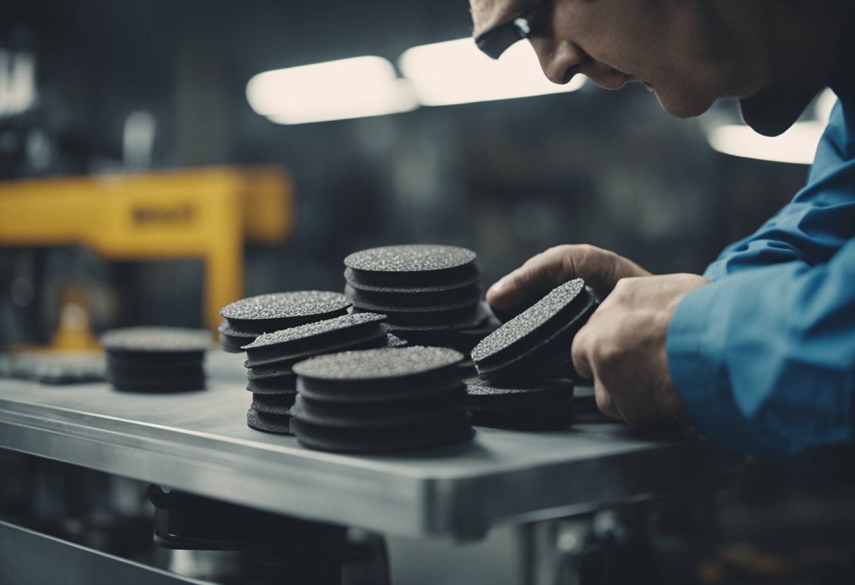 A mechanic inspects brake pads and rotors, checking for wear and tear. Tools and replacement parts are laid out on a workbench