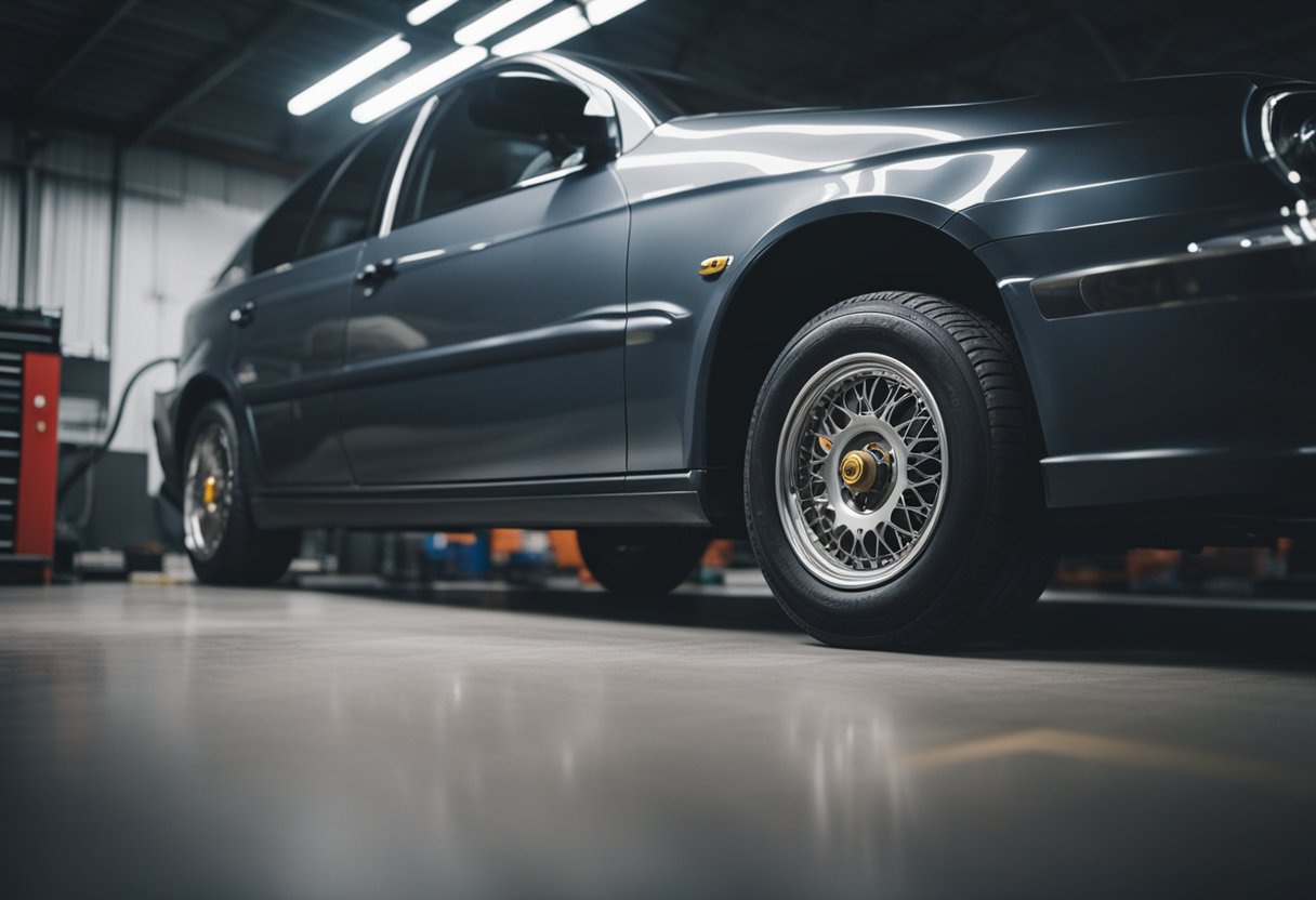 A car with smoke coming from its wheels, a mechanic inspecting the brake system, tools and parts scattered around the garage