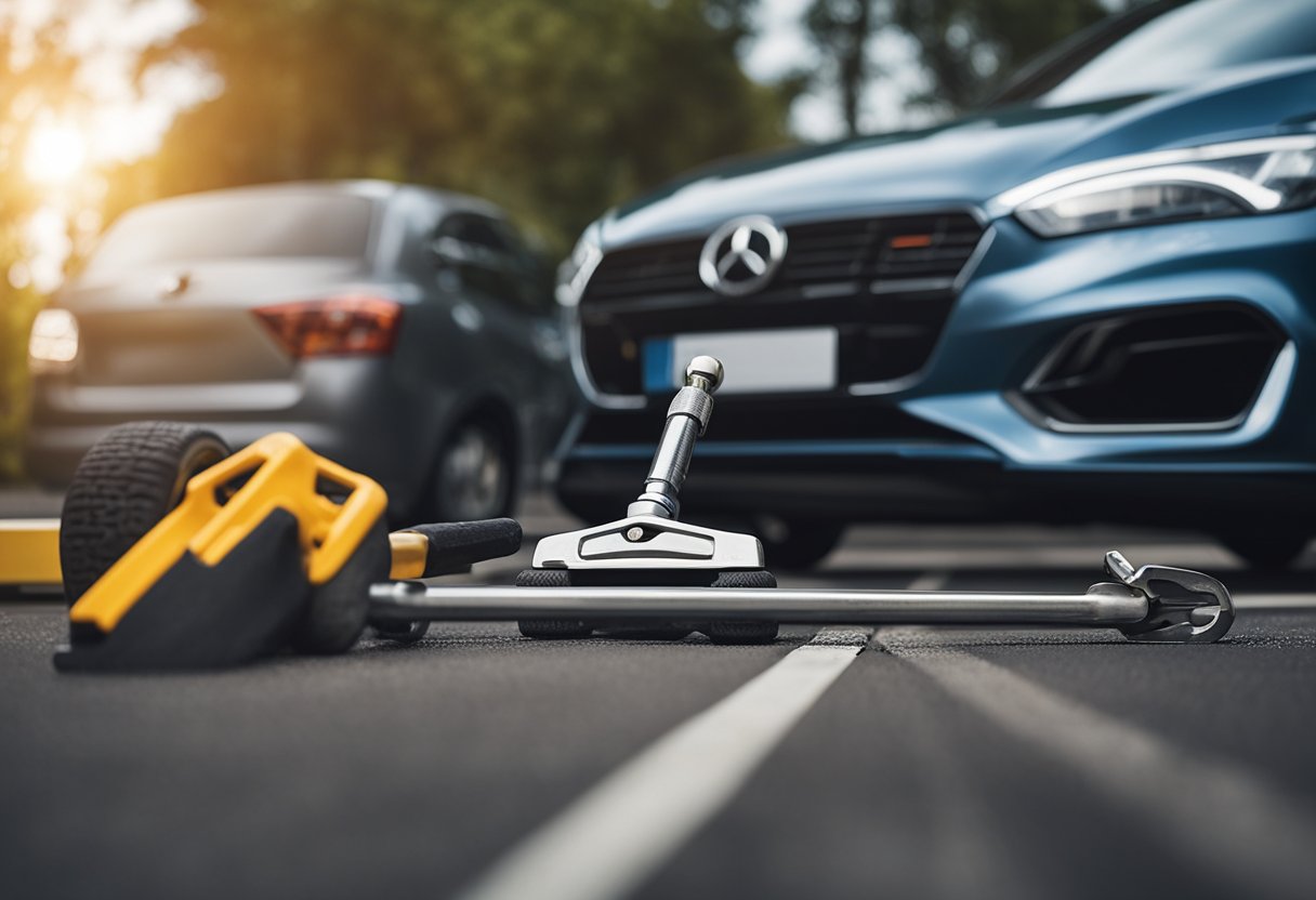 A car parked on a flat surface with a jack lifting one side. Tools and brake maintenance equipment scattered around