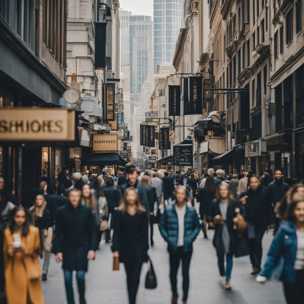 A bustling city street with tall buildings and storefronts, people walking in and out of shops, and signs displaying the names of various businesses