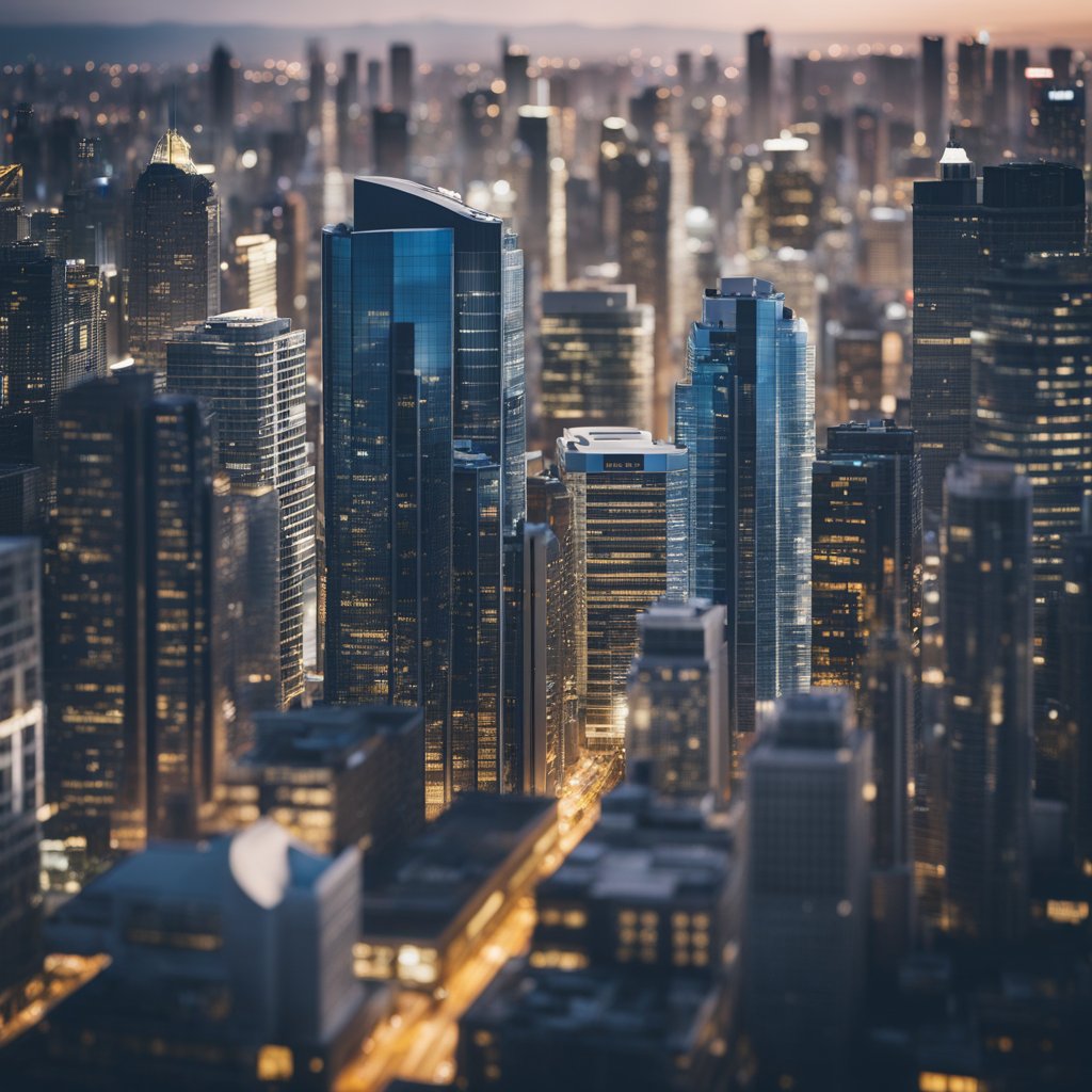 A bustling city skyline with various commercial and residential buildings, symbolizing the diverse real estate assets held by REITs