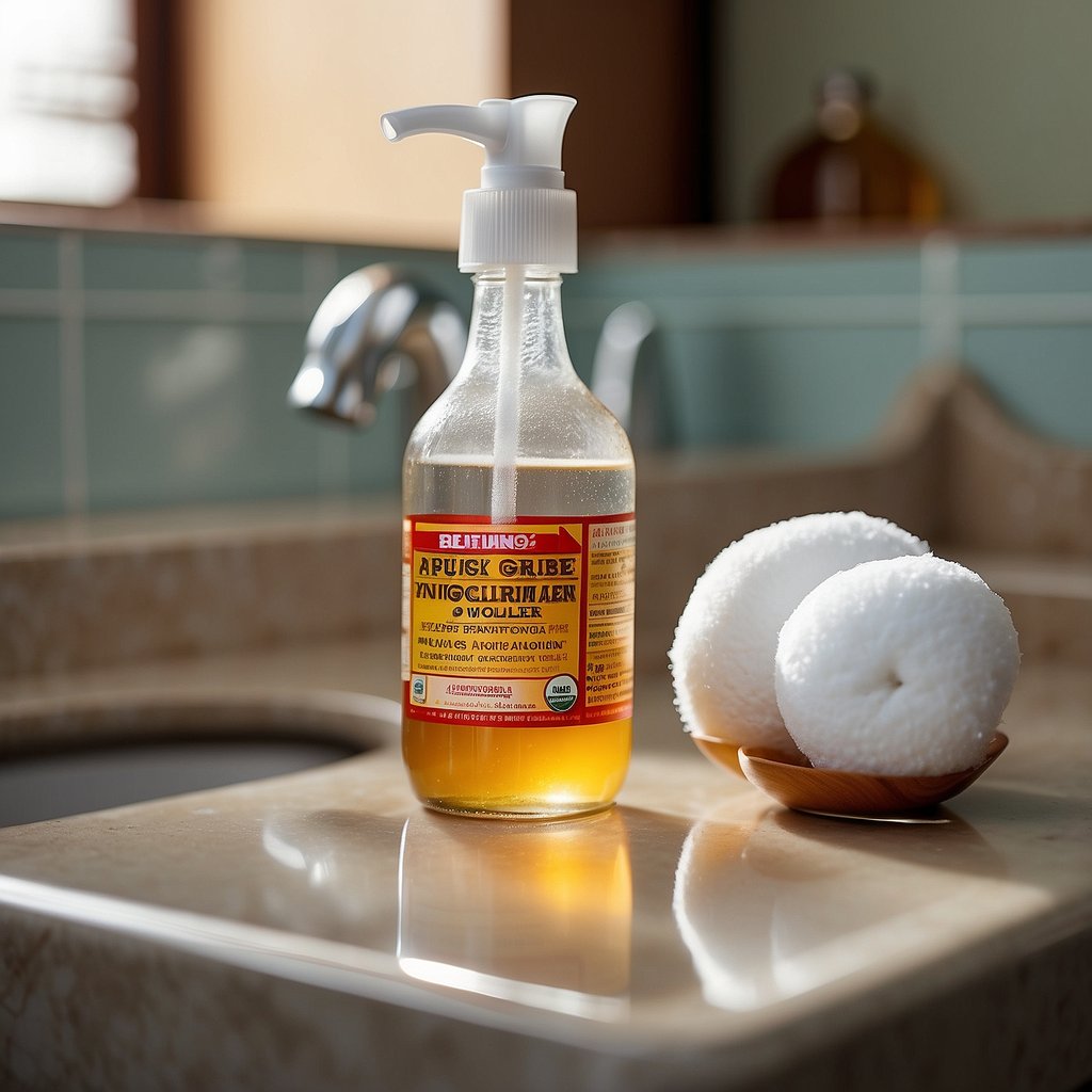 A bottle of apple cider vinegar sits on a bathroom counter next to a cotton ball. The armpit area is shown in the background, with a redness and irritation present