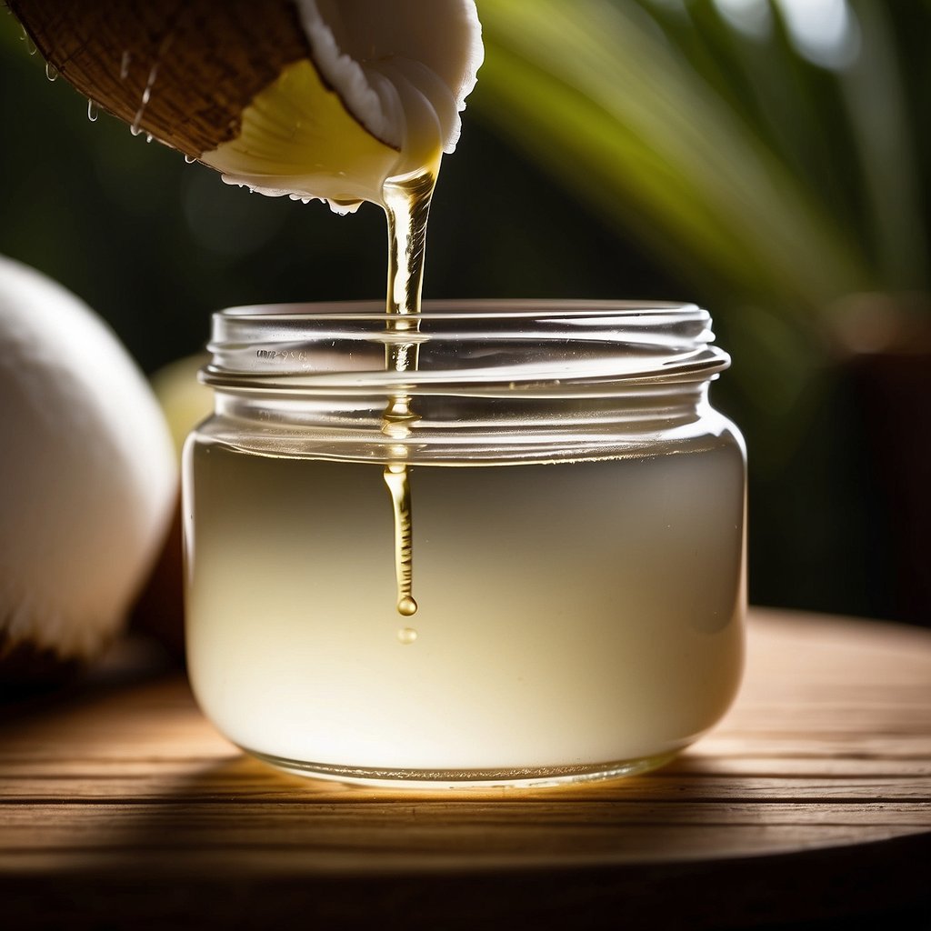 Coconut oil drips from a jar onto an armpit, spreading smoothly across the skin