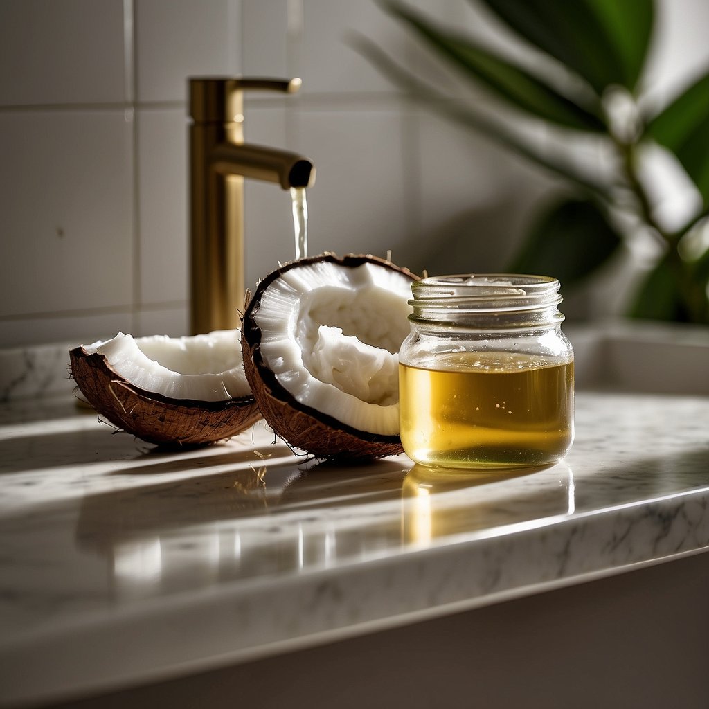 A jar of coconut oil sits on a bathroom counter, next to an open armpit. The oil is being gently massaged into the skin, providing moisture and nourishment