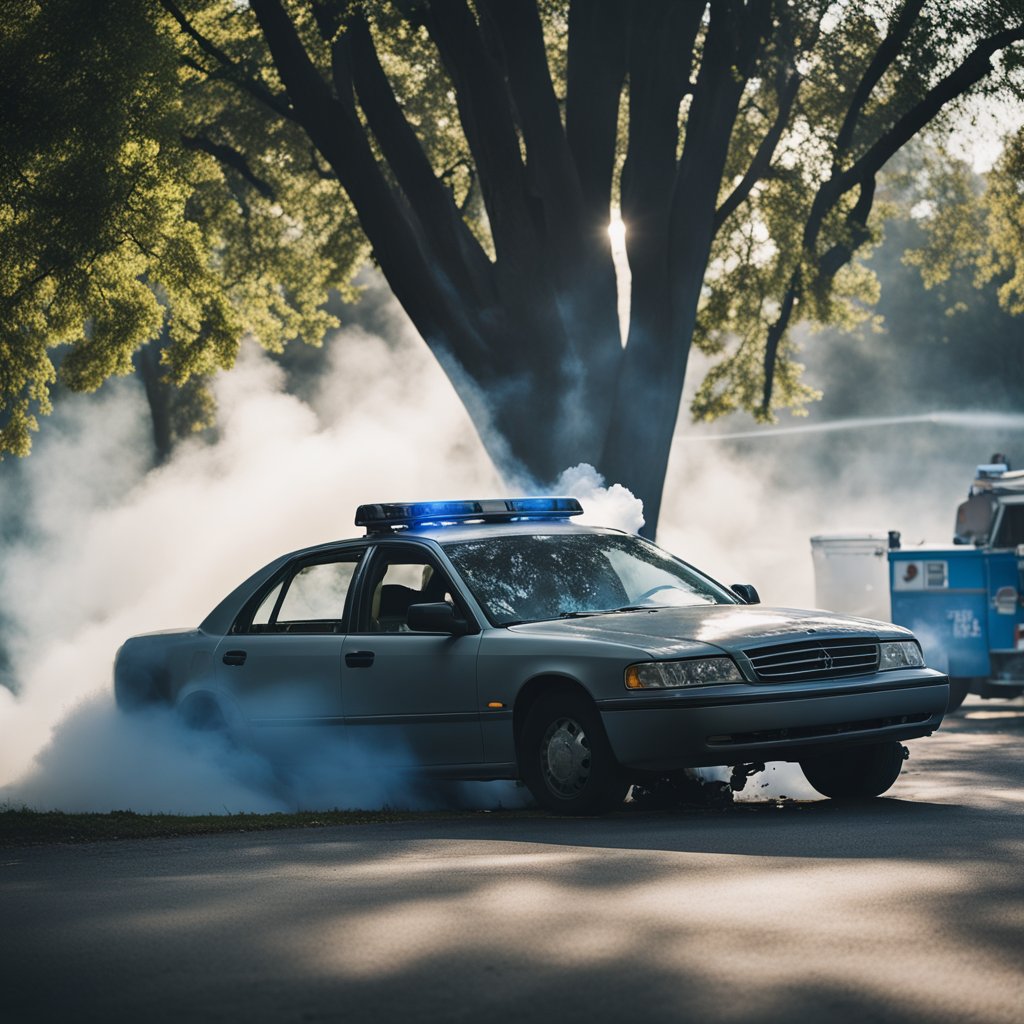 A car crashed into a tree, with smoke rising from the hood. A cracked windshield and deployed airbags are visible. The scene is surrounded by emergency vehicles and concerned onlookers