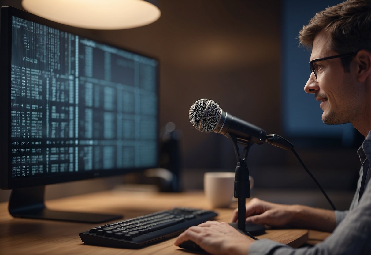 A person speaking into a microphone while a computer screen displays text being generated by an AI voice