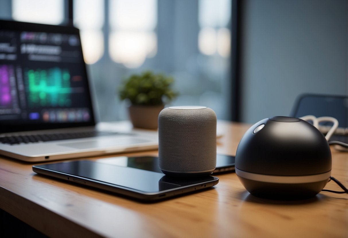 An AI voice generator sits on a desk, surrounded by a laptop, smartphone, and tablet. It emits sound waves, symbolizing cost efficiency, accessibility, and time savings