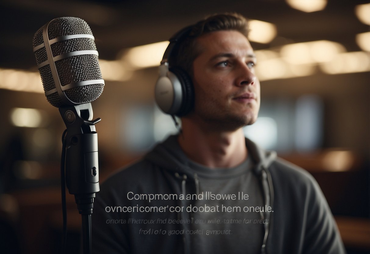 A person speaking into a microphone with a computer screen showing AI voice software. Text on screen reads "Common Challenges and How to Overcome Them."