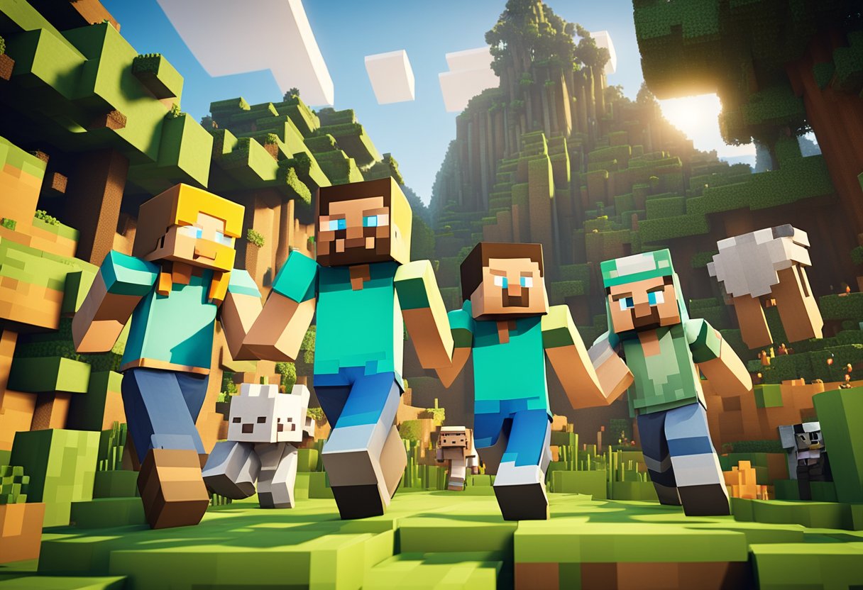 Five Minecraft YouTubers gather in a virtual world, each with their own unique style and energy, surrounded by towering pixelated landscapes and colorful blocky creations