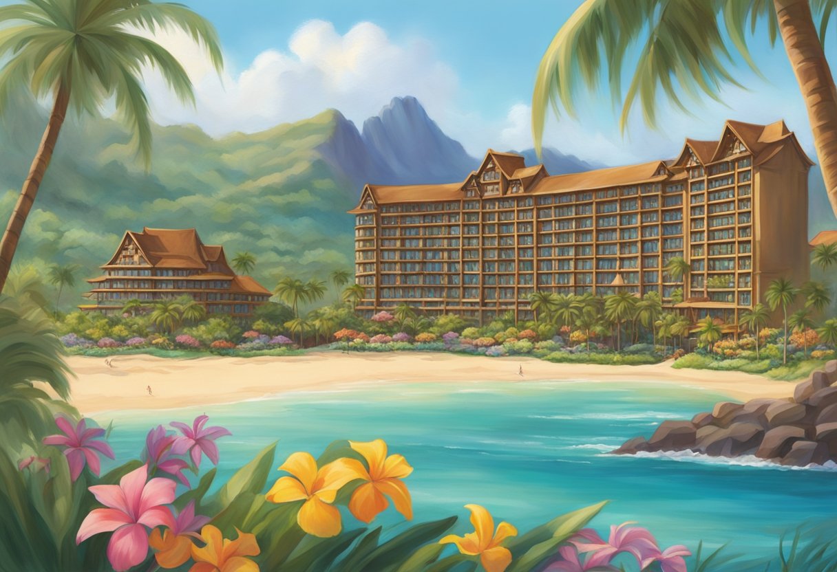 Lush palm trees sway in the gentle Hawaiian breeze, framing the luxurious Aulani resort. Crystal-clear waters lap at the sandy shore, while colorful tropical flowers bloom in abundance, creating a paradise setting