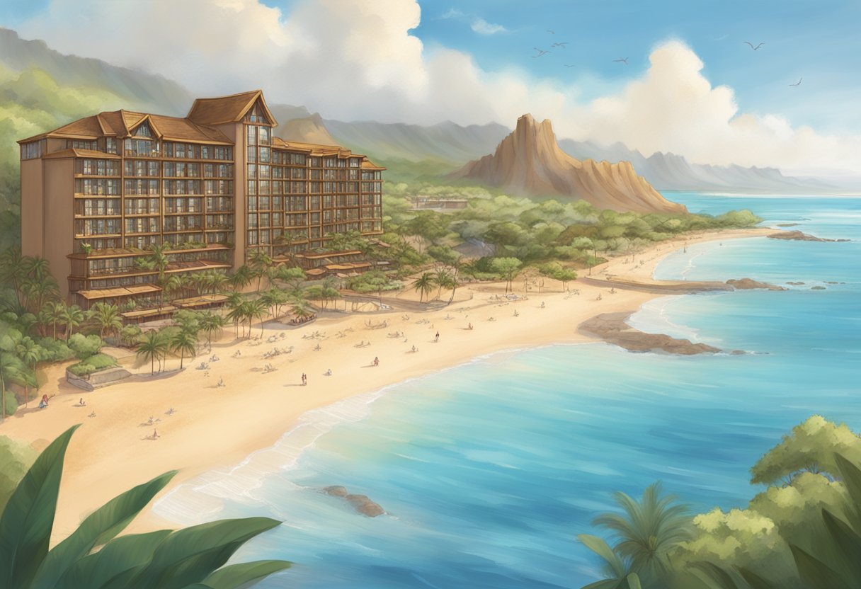 Aulani's beachfront meets the vast Pacific Ocean, with golden sand and clear blue waters stretching into the horizon