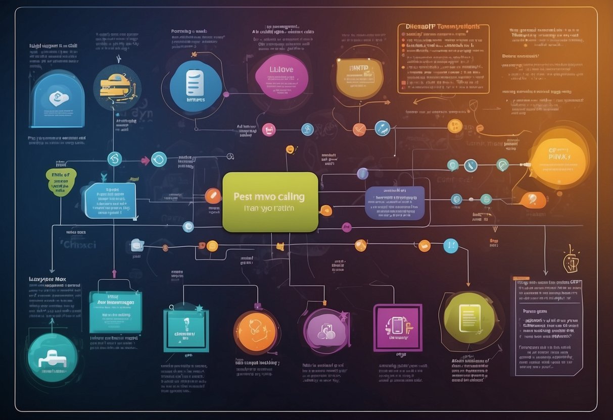 A colorful flowchart showing a series of prompts leading to an AI calling bot, with arrows and text indicating the process of overcoming GPT's system message limitations using the RAG principle