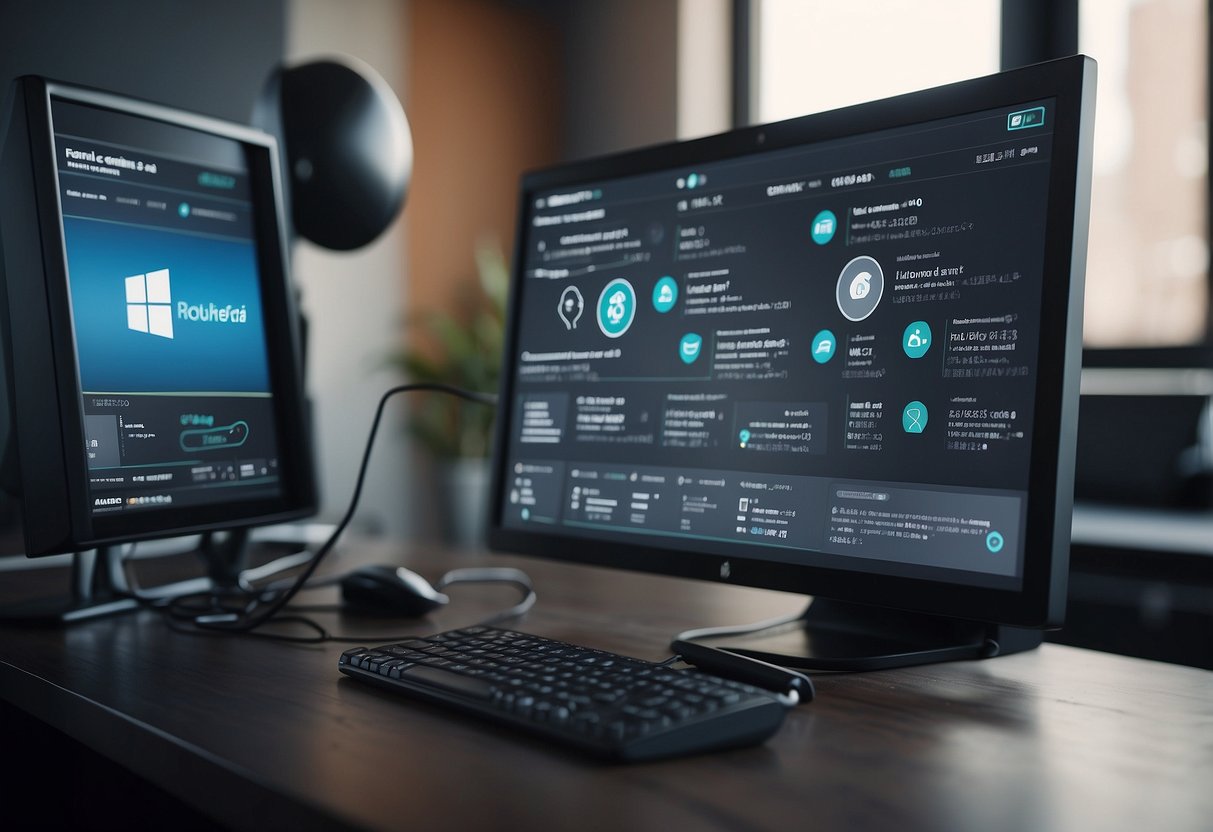 A computer screen displaying Microsoft Call Center AI and Sendbird AI Chatbot interfaces with prompts for AI calling bots