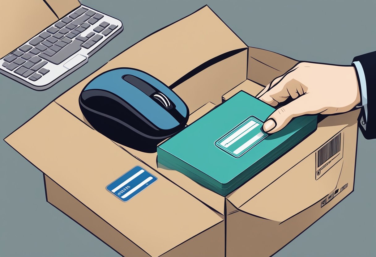 A hand reaching for a computer mouse, with a shipping box and a credit card nearby