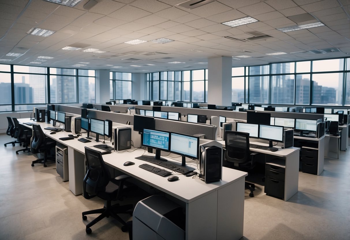 A modern call center with AI solutions: computers, headsets, and monitors. Bright, open workspace with a professional and efficient atmosphere