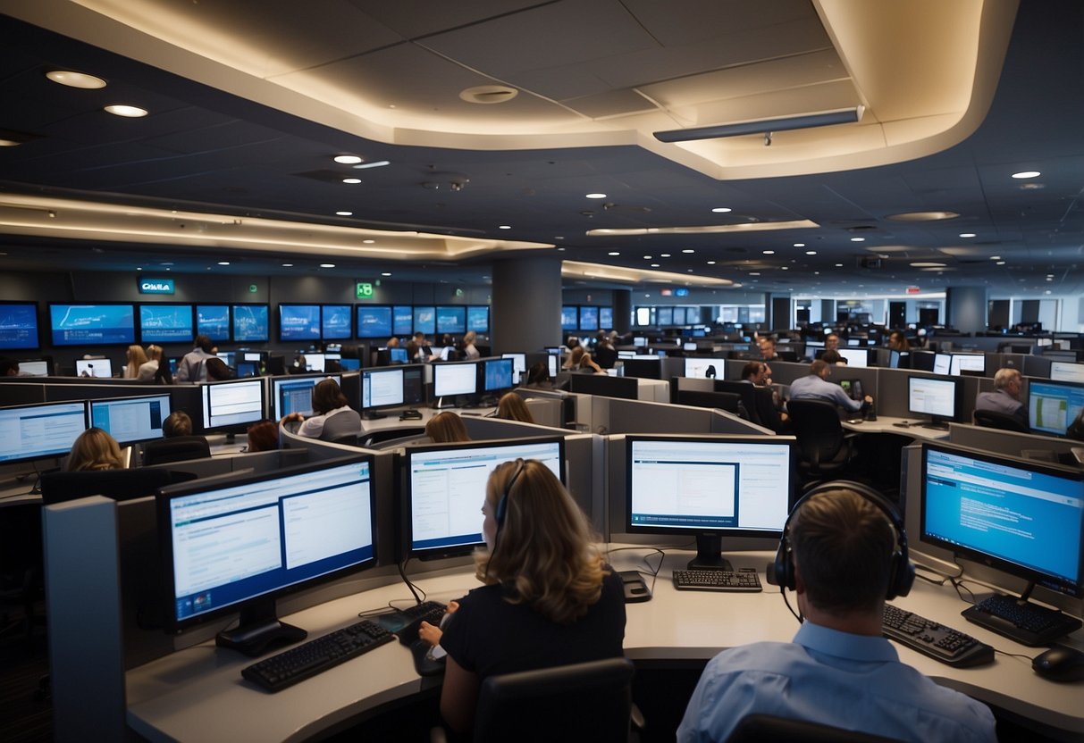 A bustling call center with agents assisting customers. Delta Air Lines, Heathrow Airport, Octopus Energy, and Standard Focu logos displayed on screens