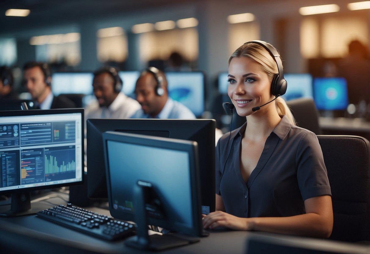 A colorful call center with AI technology at the forefront, agents assisting customers, and a streamlined process for efficient service delivery