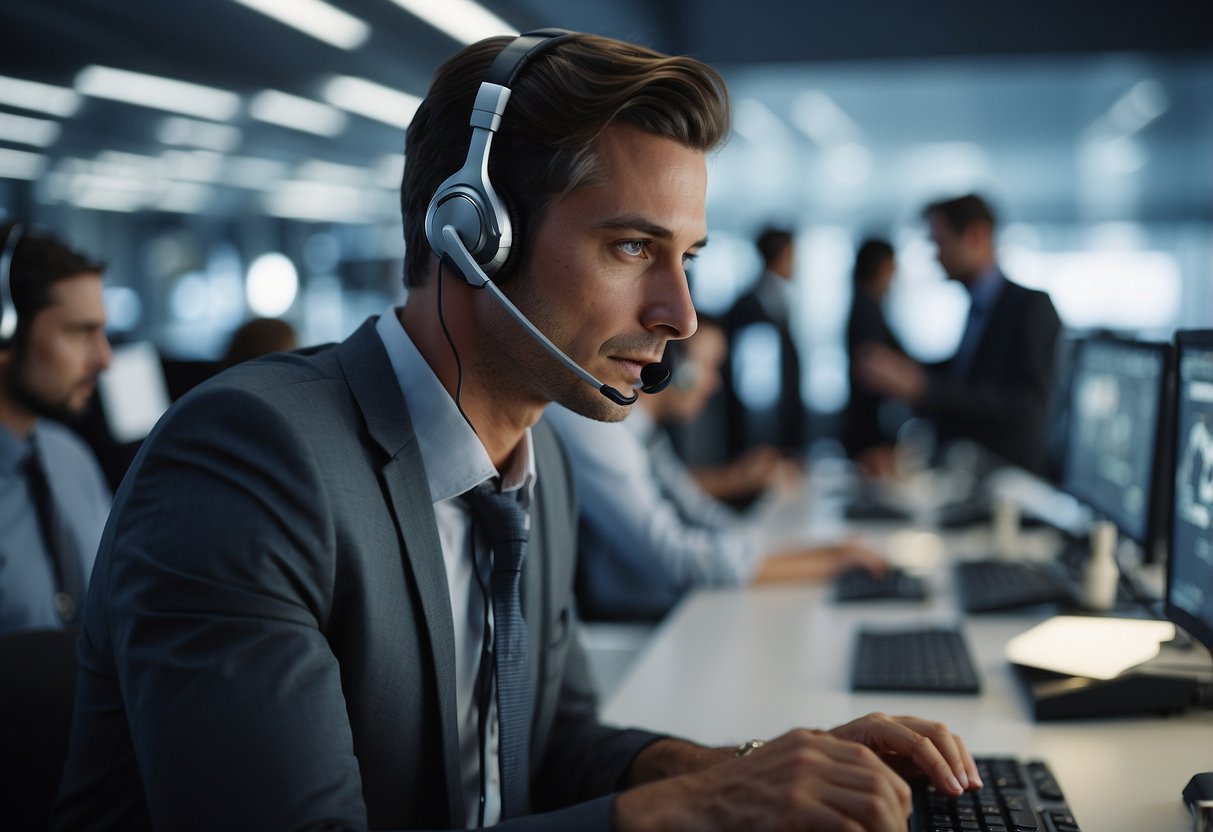 A futuristic call center AI solution interacts with customers using advanced technology and innovative features