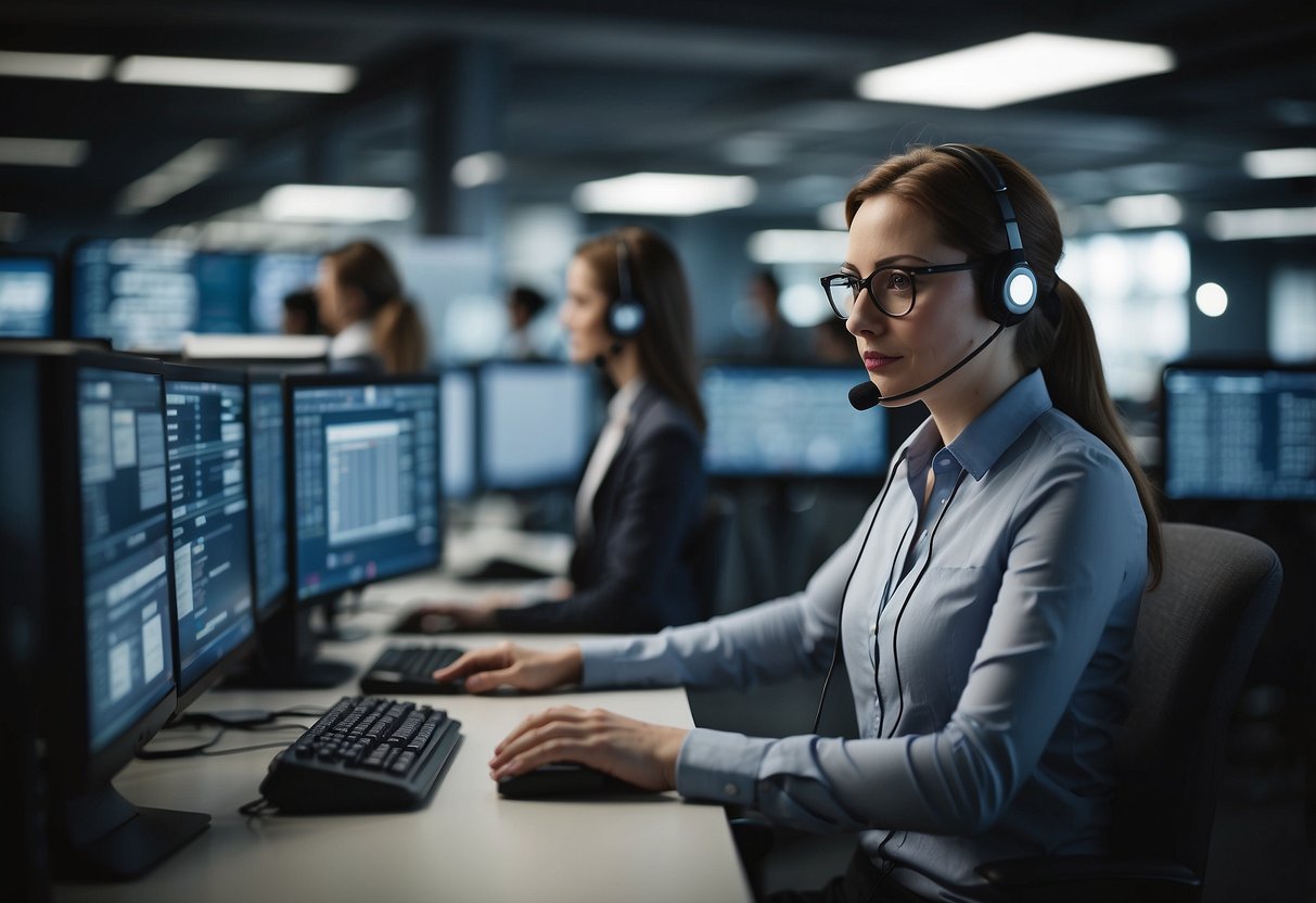 AI-powered call center: Computers processing data, analyzing customer inquiries, and generating automated responses. Streamlined efficiency and improved customer experience