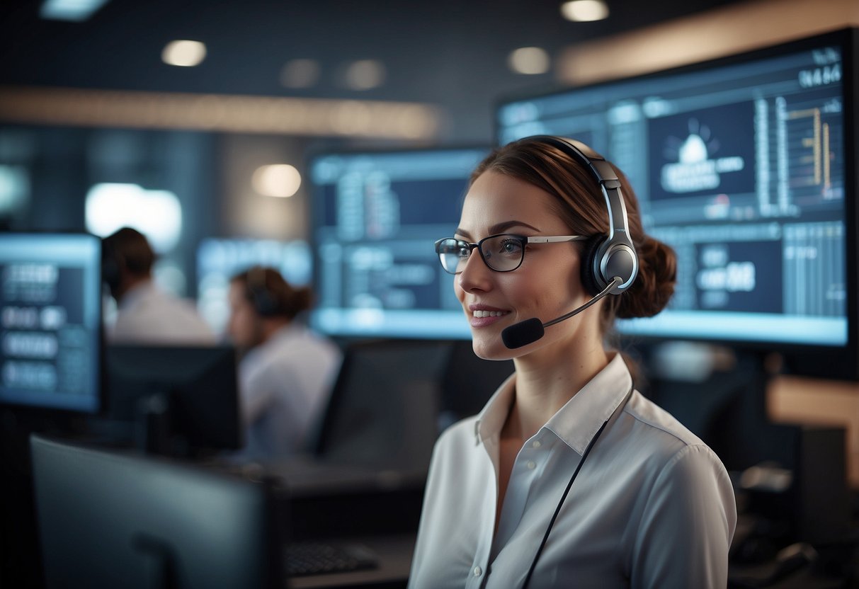 A call center AI solution answering FAQ queries with digital interface and customer inquiries displayed on screen