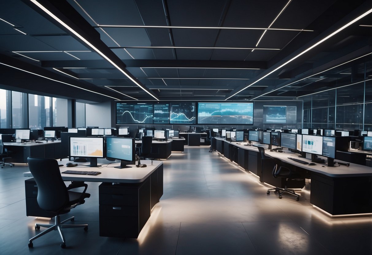 A sleek, modern call center with AI solutions displayed on digital screens. The room is filled with cutting-edge technology and a futuristic atmosphere