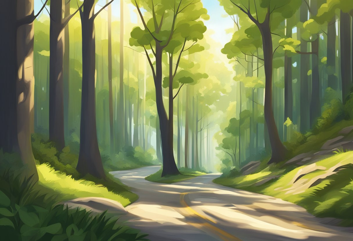 A winding road cuts through a dense forest, with sunlight filtering through the trees casting dappled shadows on the ground