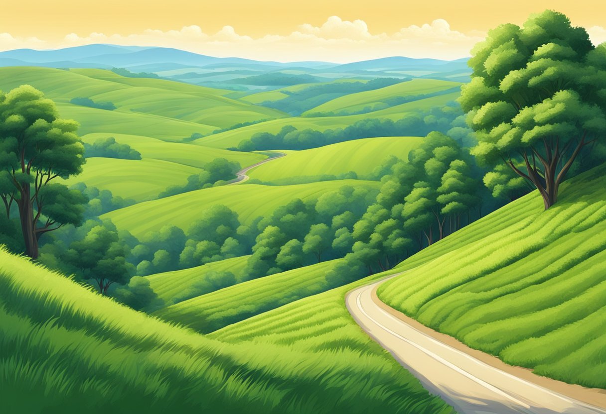 A winding country road surrounded by lush green trees and rolling hills under a clear blue sky