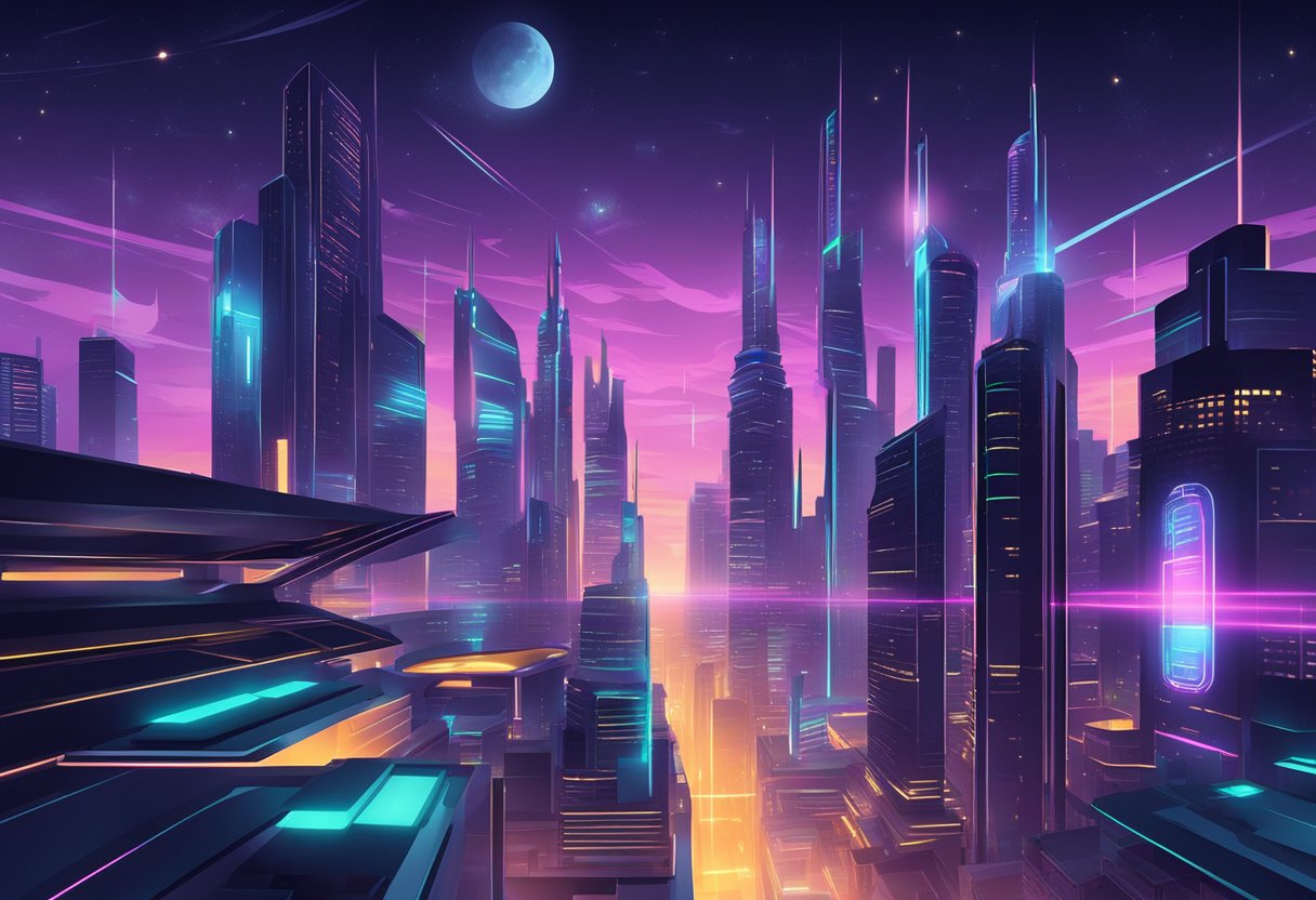 A futuristic cityscape with sleek, interconnected buildings and glowing neon lights against a dark, starry sky