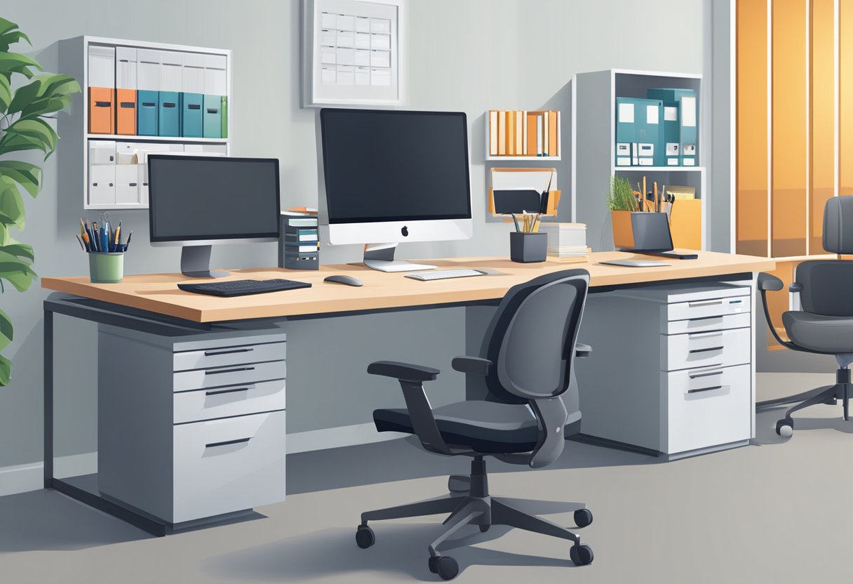 A modern office desk with a computer, keyboard, and mouse, surrounded by ergonomic chairs and filing cabinets