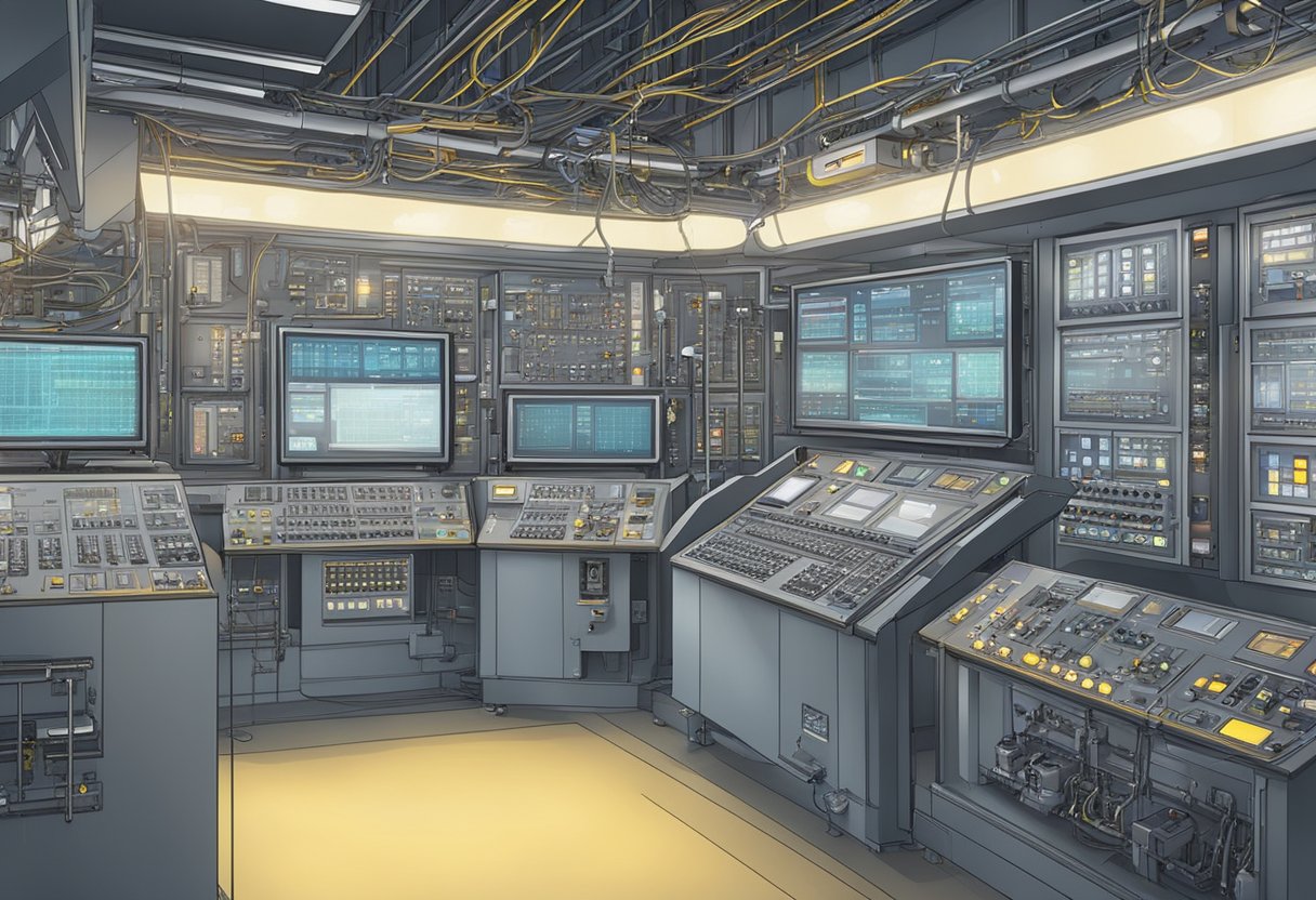 A complex network of interconnected machinery and control panels, with blinking lights and digital displays, fills the room