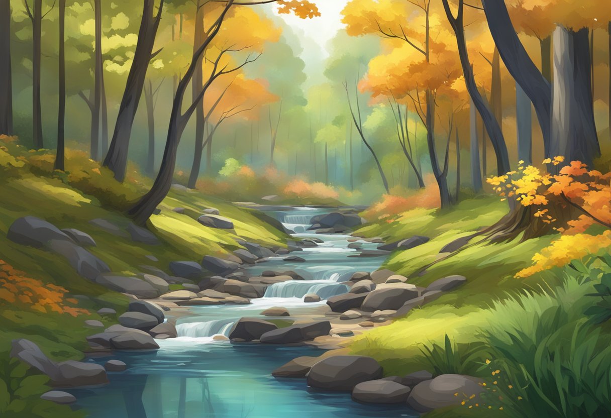 A serene forest with a winding stream, surrounded by tall trees and colorful foliage