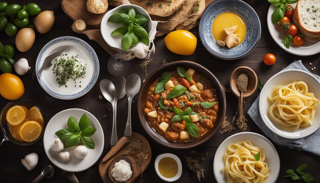 A table set with traditional Italian dishes, surrounded by ingredients and cooking utensils. A warm, inviting atmosphere with rustic decor and a hint of Mediterranean charm