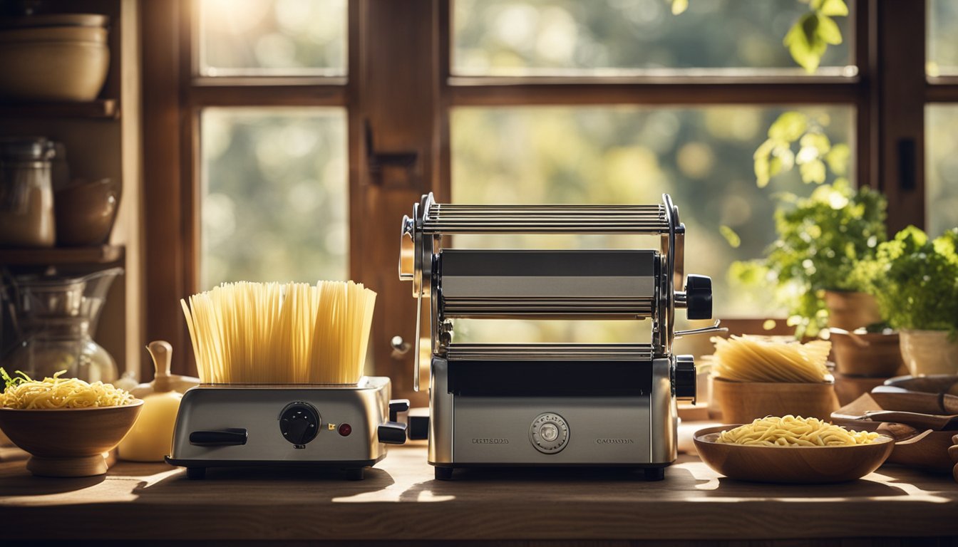 A rustic kitchen with shelves of cookbooks, a wooden table set with fresh ingredients, and sunlight streaming through a window onto a vintage pasta maker