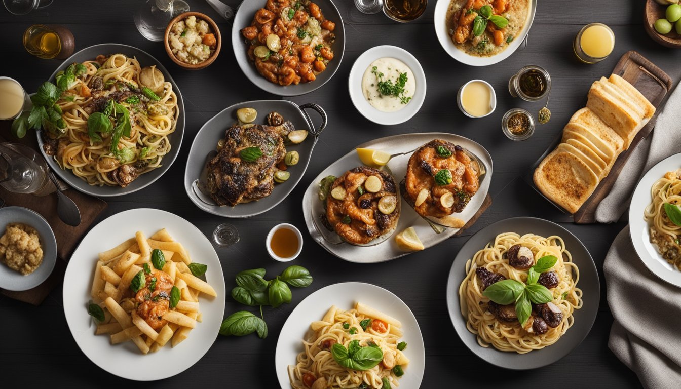 A table set with various Italian main dishes