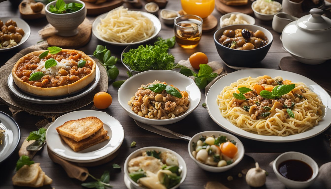 A table set with various regional Italian dishes and specialties