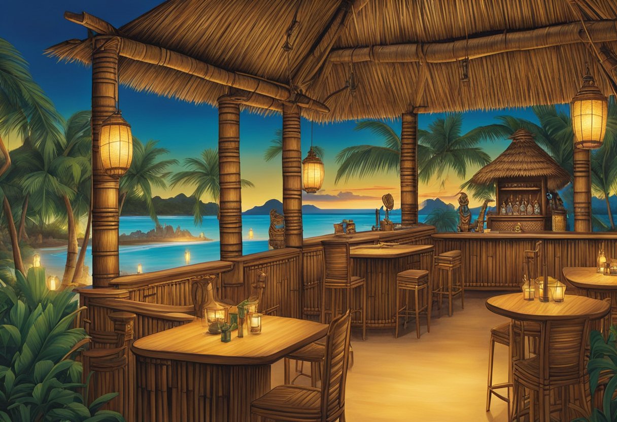 A thatched roof covers the open-air tiki bar, surrounded by bamboo walls adorned with Polynesian masks and carved tiki statues. Tiki torches illuminate the space, casting a warm glow on the tropical decor