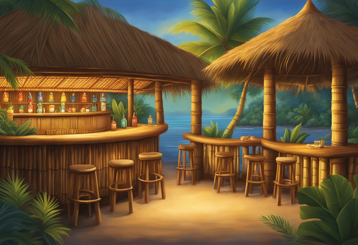 The tiki bar is lit with warm, soft lighting, casting a cozy ambiance over the tropical decor. Bamboo walls, thatched roofs, and colorful tiki masks create a lively and relaxed atmosphere