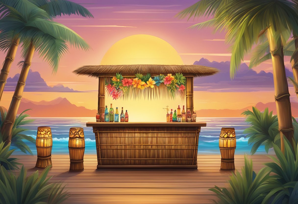 A bamboo tiki bar stands adorned with tropical decor, including tiki masks, leis, and string lights, set against a backdrop of palm fronds and a sunset sky