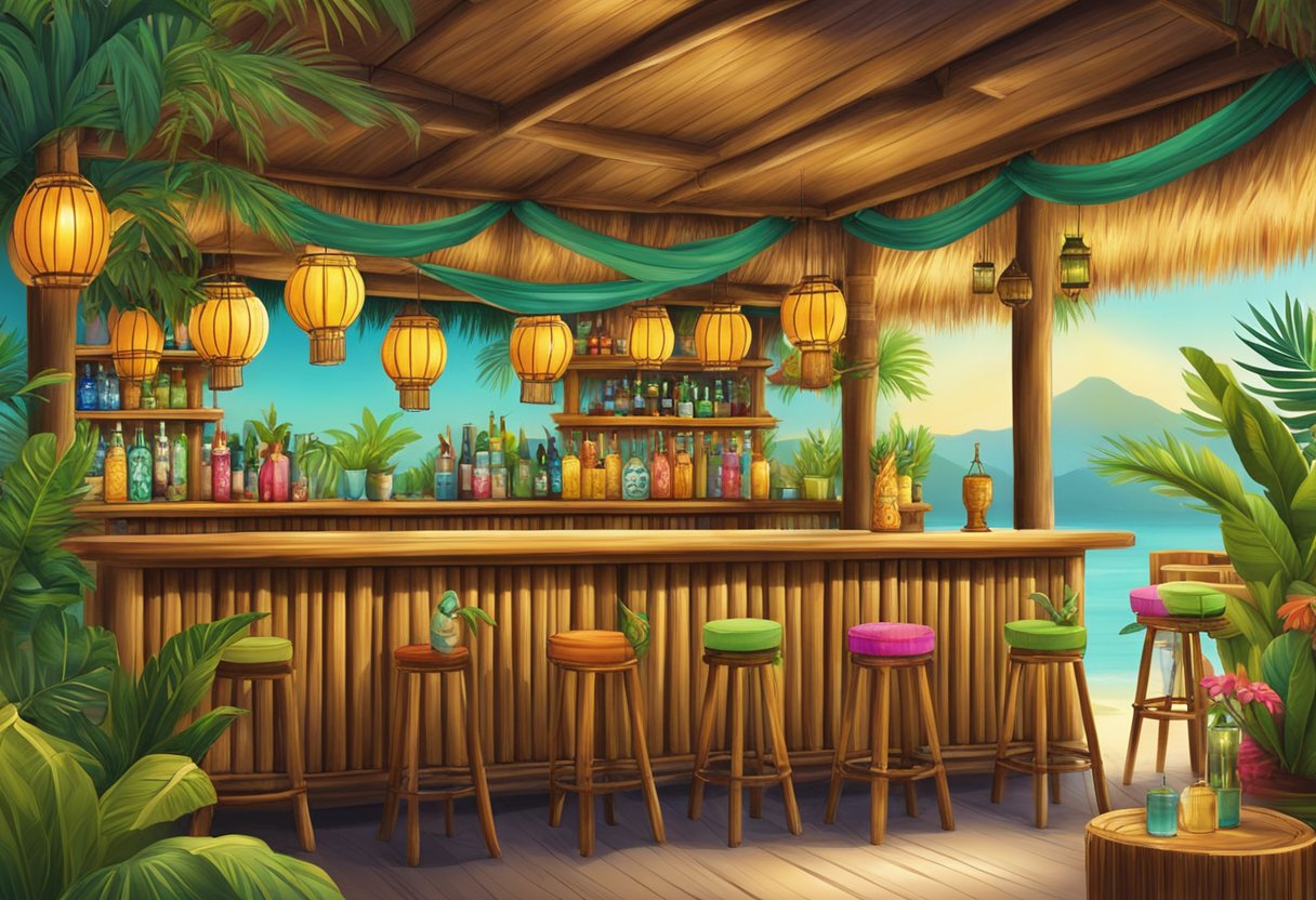 A vibrant tiki bar with bamboo furniture, tropical plants, colorful lanterns, and exotic masks on the walls