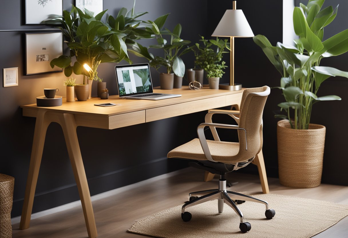 A sleek bamboo desk with a modern ergonomic chair, surrounded by potted plants and a natural fiber rug. A shelf holds recycled paper supplies and a stylish lamp illuminates the space