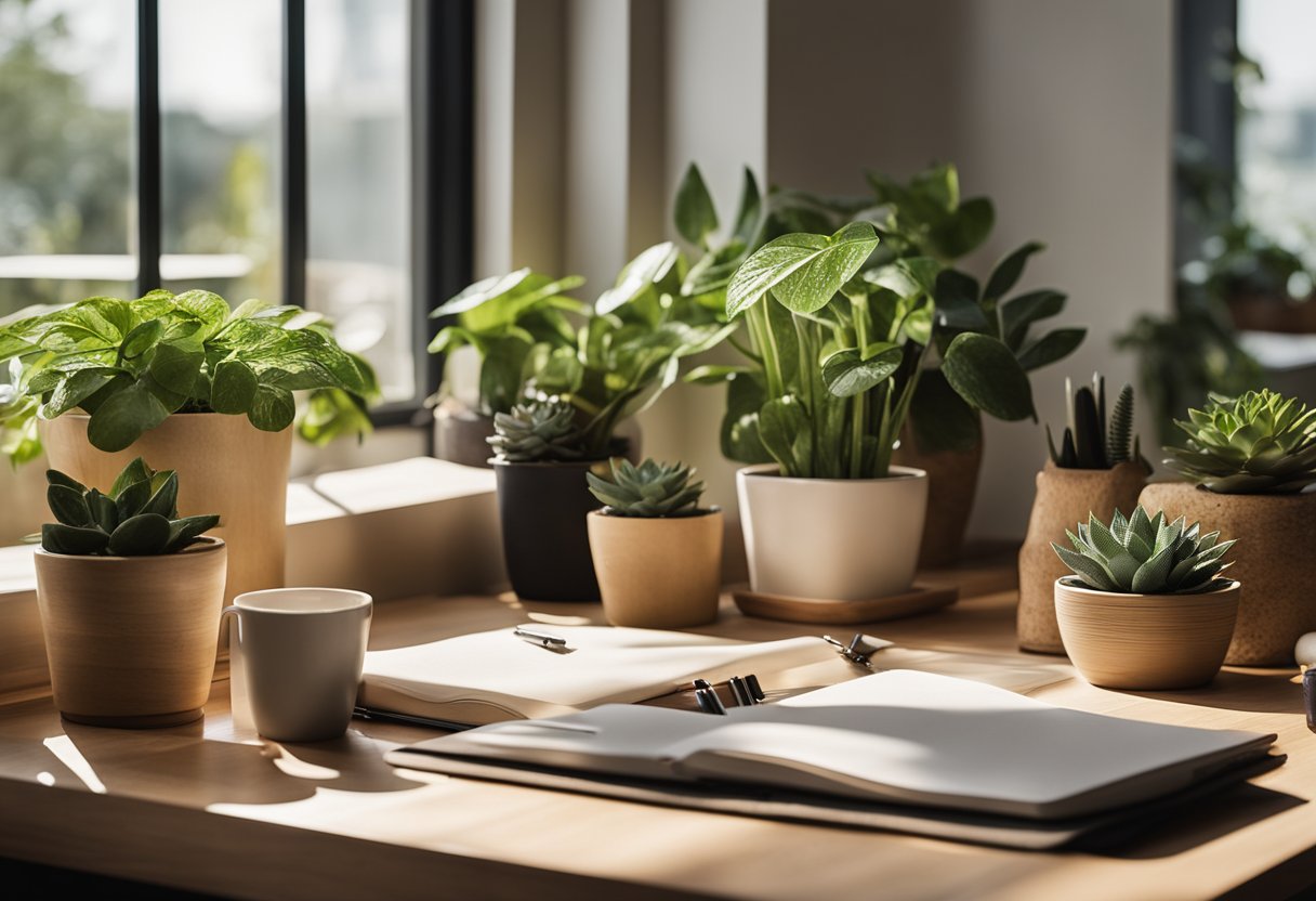 A sleek, modern desk made from reclaimed wood sits in a sunlit corner, adorned with potted plants and eco-friendly office supplies. A large window overlooks a lush garden, providing natural light and a calming atmosphere