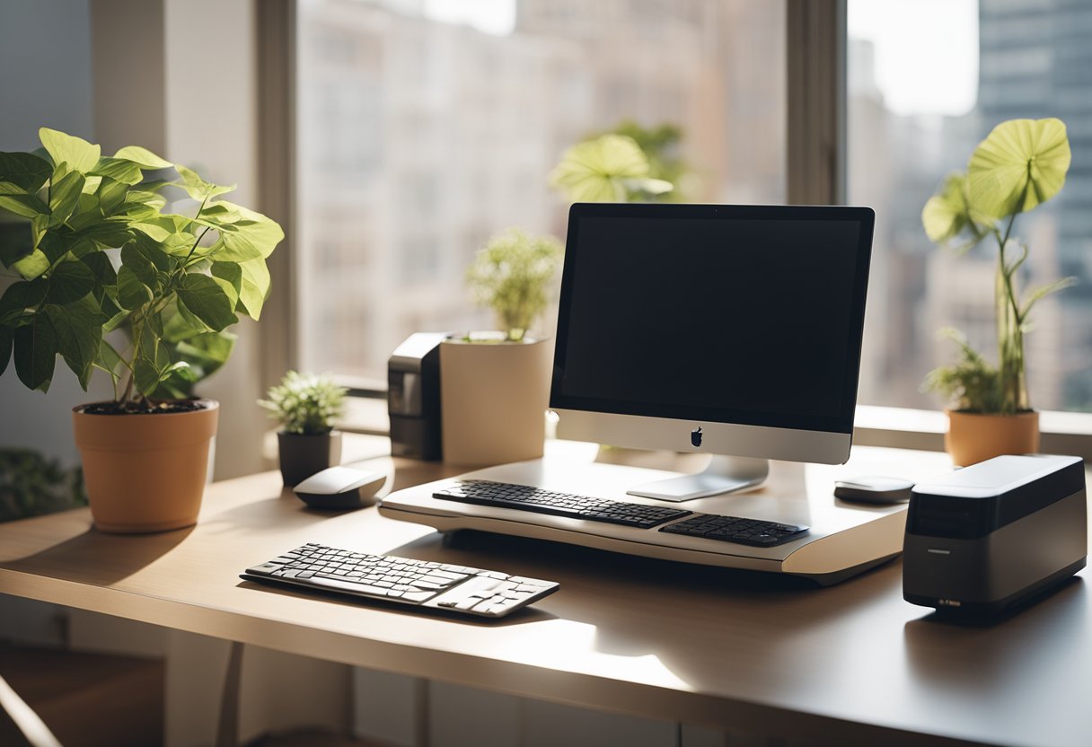 A sleek desk with a modern, energy-efficient computer and printer. Natural light streams through a window, illuminating a potted plant and recycled paper organizer