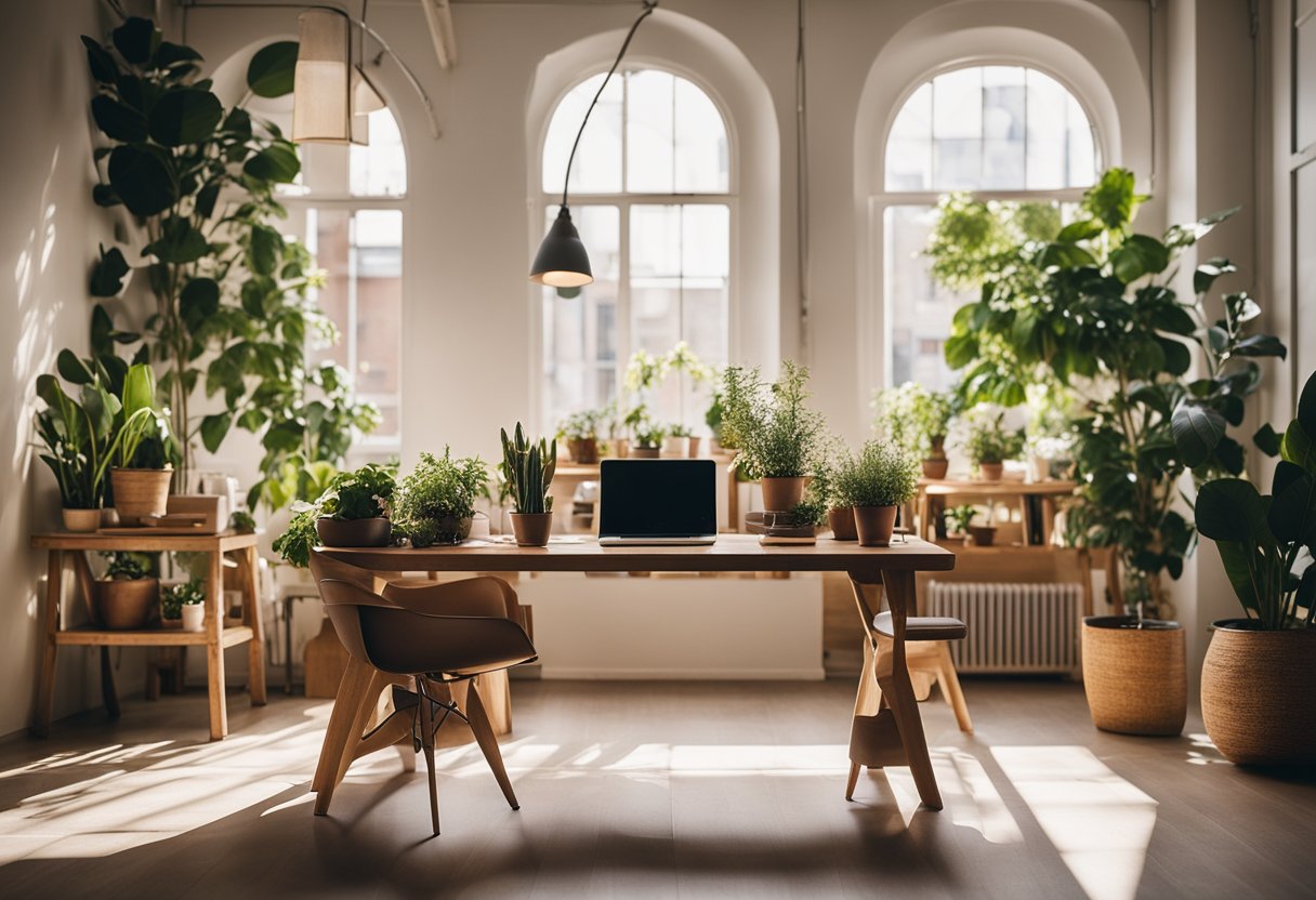 A sunlit workspace with recycled wood furniture, potted plants, and energy-efficient lighting. Eco-friendly materials and sustainable decor create a stylish and environmentally conscious home office