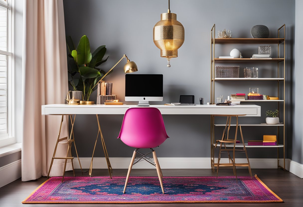 A sleek desk with metallic accents, a stylish chair, and a pop of color in the form of a vibrant rug. Shelves adorned with decorative trinkets and a statement lamp add personality to the space